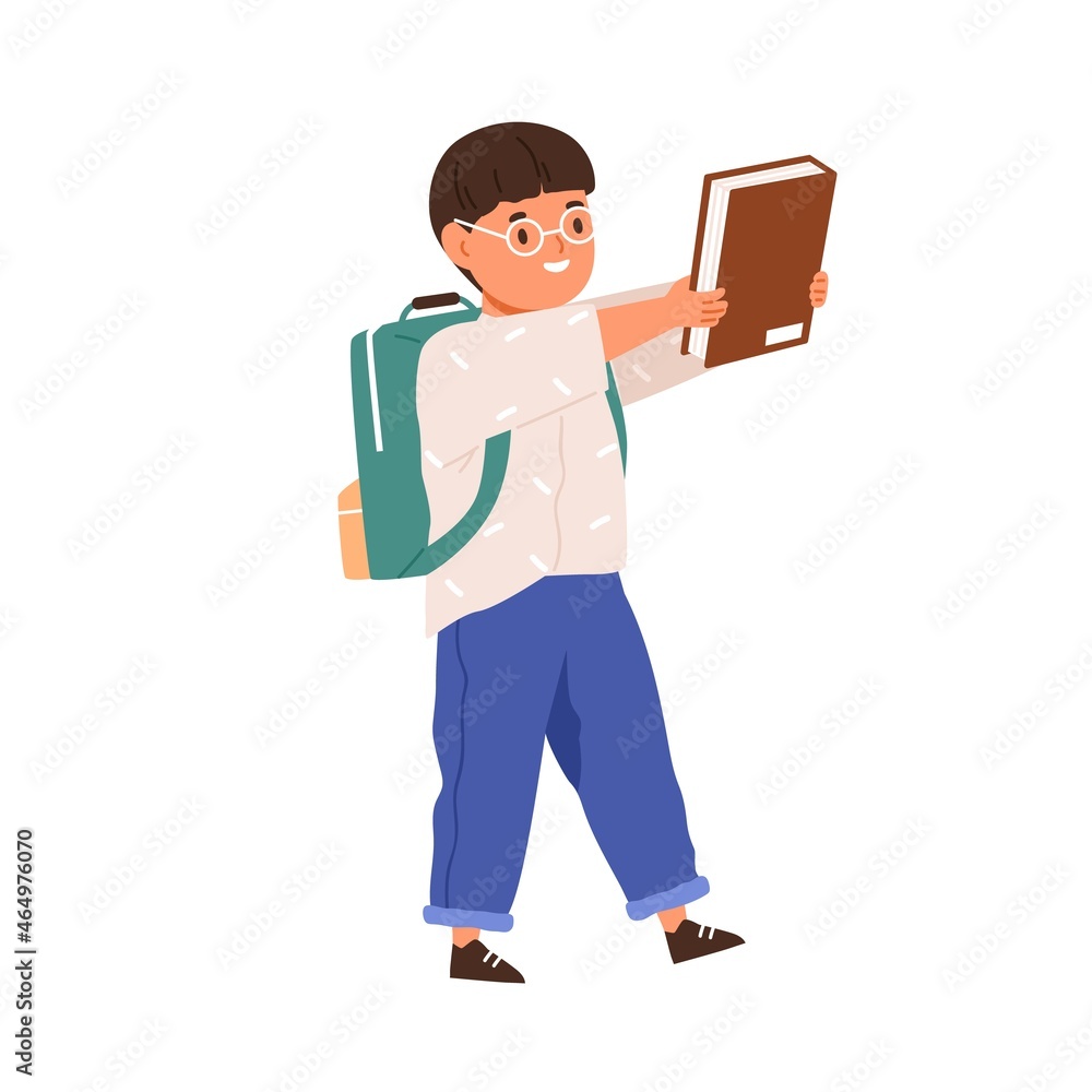 Aufkleber happy child going to school with schoolbag and book in hands. elementary student boy walk with backp
