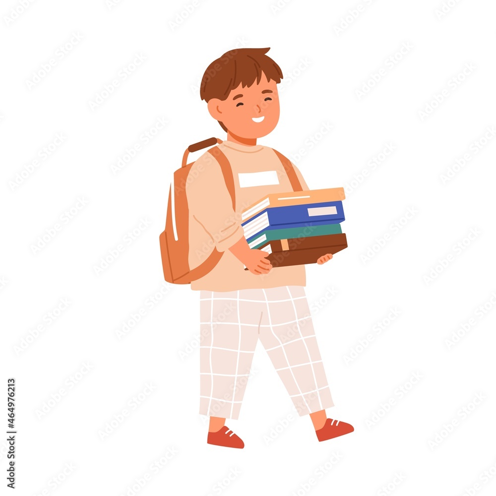 Poster happy kid walking with stack of books in hands and schoolbag. elementary student child going with ba