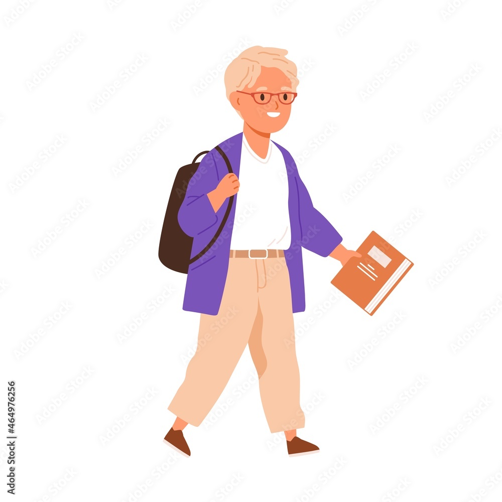 Poster happy school boy going with schoolbag and book in hands. primary student kid walking with backpack. 