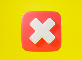 Obraz premium Red cross mark symbols icon element. Symbol No or X shape button for correct sign in square not approved, Simple mark graphic design on yellow background, stop symbol, 3D rendering illustration