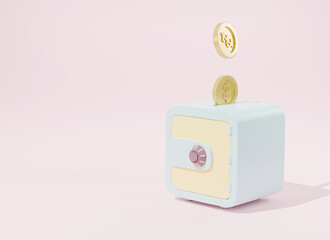 Coins money being put into isometric safe box on pink background, Finance safety protection and...