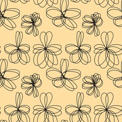 Seamless pattern with doodle black flower on yellow background