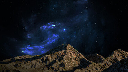 Obraz na płótnie Canvas Mountain landscape fantastic cosmos galaxies stars planets and nebulae. Sunset and unreal night sky. Panoramic photo mountains. 3d render