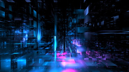 Fototapeta premium Hi tech digital interior Abstract data center server, business technology blured Polygonal geometric cyberpunk space, 3D render
