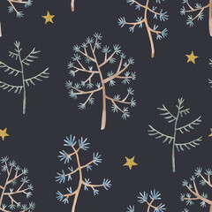 Beautiful vector winter seamless pattern with hand drawn watercolor cute trees. Stock illustration.