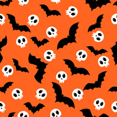Halloween themed bats and skulls orange pattern