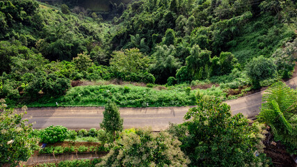 Aerial view of sky road over top of mountain with fog and green jungle after raining in morning, doi sakad, Pua, Nan, Thailand.
