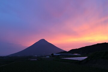 Shining sunset over Kaimondake volcano in Kagoshima