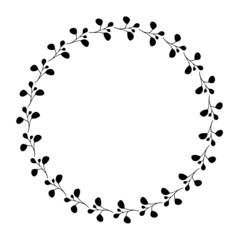 Hand drawn vector round frame. Floral wreath with leaves, berries, branches Decorative elements for design. Ink, vintage and rustic styles.