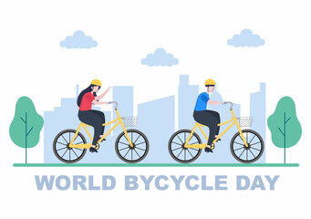 Fototapeta premium Bicycle Vector Flat Illustration. People Riding Bikes, Sports and outdoor recreational activities on Park Road or Highway are living a healthy lifestyle