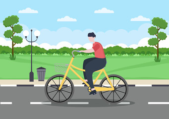 Fototapeta premium Bicycle Vector Flat Illustration. People Riding Bikes, Sports and outdoor recreational activities on Park Road or Highway are living a healthy lifestyle