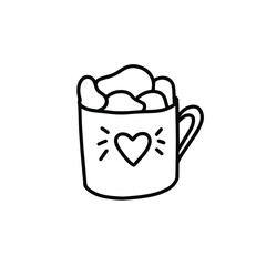 Cup of cocoa with marshmallows. Cozy picture for winter Christmas or new year's design. Heart on a cup with two knob.
