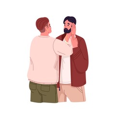 Love couple of two homosexual men. LGBT romantic relationships. LGBTQ people romance and intimacy. Enamored gay lovers partners of same gender. Flat vector illustration isolated on white background