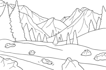 Coloring book winter landscape. Hand drawn simple vector illustration Outline style
