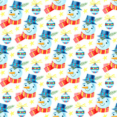 Watercolor seamless christmas pattern with cute snowman in hat and christmas tree toys. Cozy. Happy new year. Merry Christmas. Holiday illustrations on a white. For design of winter holiday.