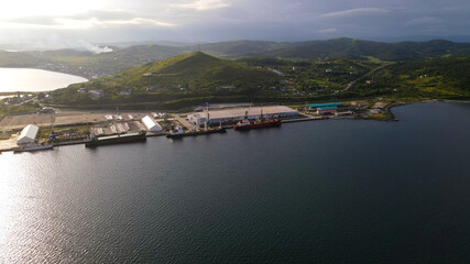 Aerial, Port, Cranes, Islands, Mountain Range, Ocean, Ships, Cargo, Fishing, Sun