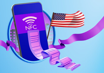 Payment with NFC in USA concept. NFC logo and American flag. Payment using PayPass system. Contactless payment system. NFC Pay in apps USA. Phone on turquoise background. 3d rendering.