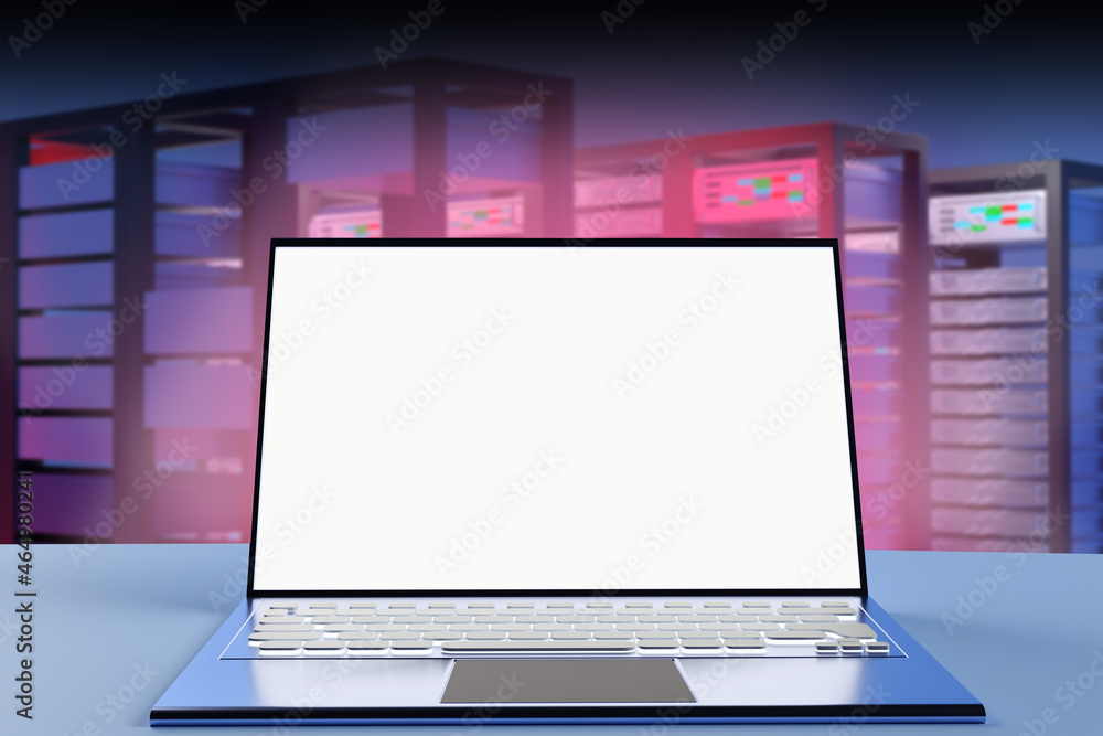 Aufkleber laptop in server room. laptop mockup. computer in data center. notebook with white screen. hosting p