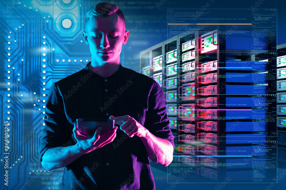 Poster young system administrator. data center manager. storage work in information processing. data center