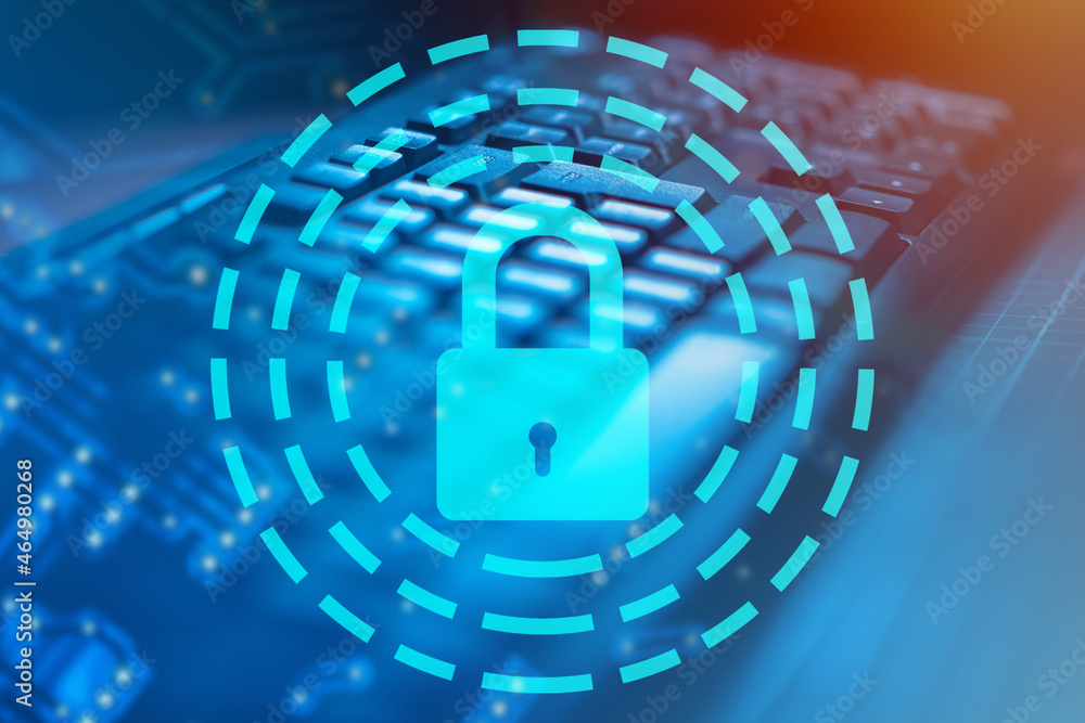 Poster cyber ​​security. internet security concept. personal data protection metaphor. lock on keyboard bac
