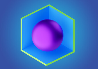 Geometric background. Abstract colorful background. 3d texture with geometric shapes. Blue and violet color pattern. Background with Three-dimensional figures. Purple ball inside cube. 3d rendering.