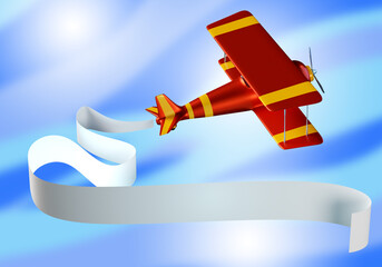 Airplane in bright sky. Red and yellow airplane. White tape behind plane. Flying airplane in sky. Copy space on white tape. Biplane on blue background. Air tourism concept. 3d rendering.