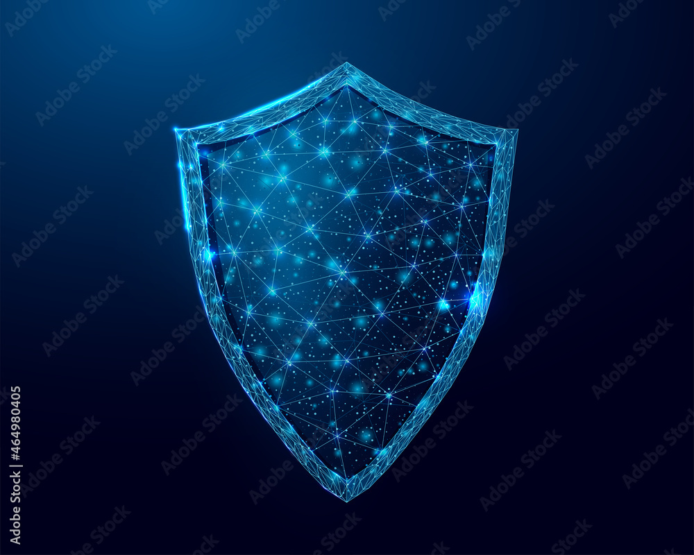 Aufkleber guard shield. cyber security concept with glowing low poly shield on dark blue background. wireframe