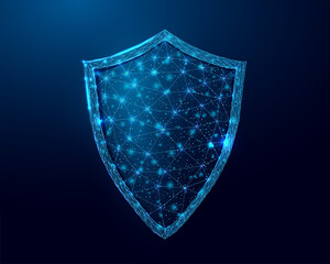 Guard shield. Cyber security concept with glowing low poly shield on dark blue background. Wireframe low poly design. Abstract futuristic vector illustration. - obrazy, fototapety, plakaty