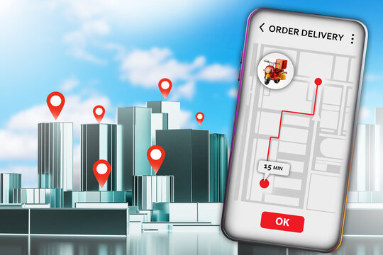 Courier concept. Execution of orders for delivery. Delivery plan in mobile application. Courier smartphone with route map. City buildings with labels in background. Work in courier business. 3d image