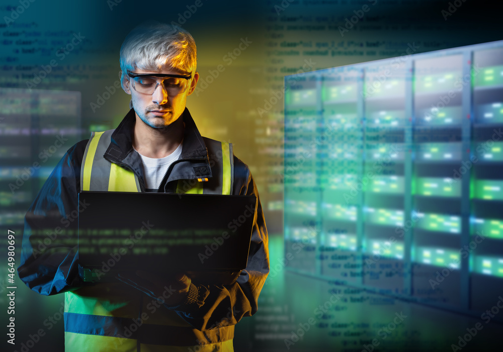 Poster system administrator. engineer inside server room. male engineer with laptop. he configures hosting 