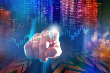 Background on theme logistics business. Stock chart on  background of city. Concept investing in transport companies. Arrows on road symbolize logistics. Man hand clicks on chart on a virtual screen.