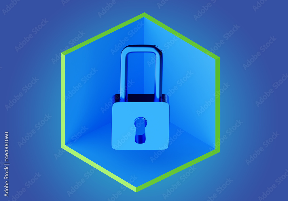 Poster padlock as symbol of security. metal padlock on background. three-dimensional padlock. closed lock w