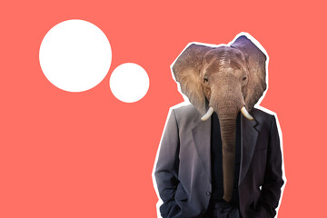 Elephant with a human body on red background. Collage on theme of human character. Elephant as a metaphor for a stubborn and clumsy person. Stubborn man in a jacket. Stubborn businessman. - obrazy, fototapety, plakaty