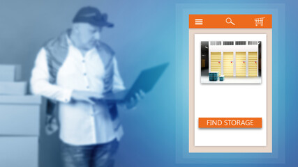Storage Units for Business Concept. Businessman near laptop. Blurred businessman is holding laptop. Computer with warehouse company app. Find Storage interface in computer screen. Storage company