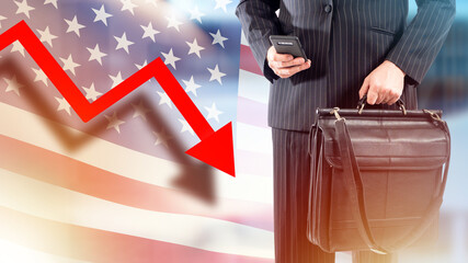 Financial crisis in USA concept. Falling graph next to businessman. Down arrow as metaphor for economic collapse. Financial recession in America. USA flag and man. Falling investment in US economy