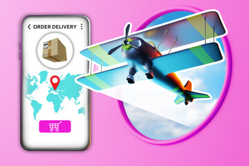International delivery concept. Delivery goods by air. International logistics orders. Parcel to another country. Biplane as symbol of air couriers. Receiving internet order from apps phone. 3d image