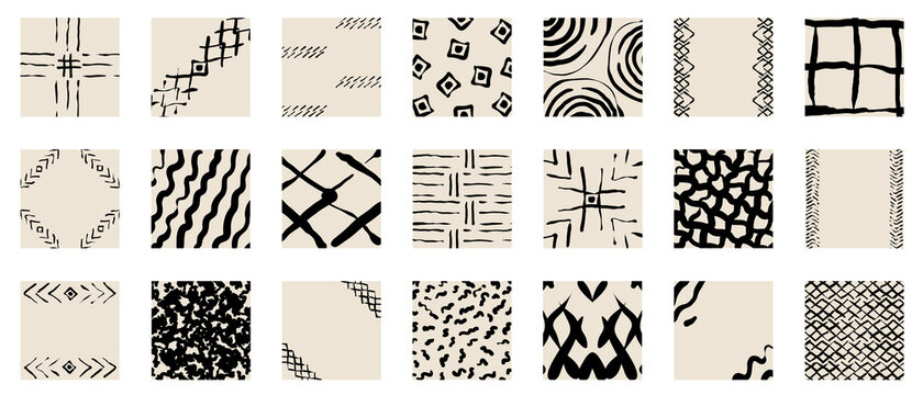 Set of hand drawn social media posts template, with boho and tribal patterns- Vector textures of Geometric doodle shapes of spots, dots, circles, strokes, stripes, lines. - good for posters and prints