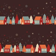 Seamless pattern with cute houses in snowy forest. Simple scandinavian style background with christmass mood for web, print, background, wallpaper, scrapbooking, wrapping paper, textile 