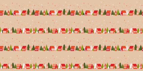 Seamless pattern with cute houses in snowy forest. Simple scandinavian style background with christmass mood for web, print, background, wallpaper, scrapbooking, wrapping paper, textile 