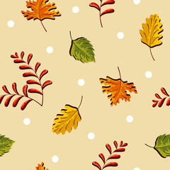 Autumnal leafage seamless pattern on pastel beige background. Botanical and herbal vector illustration in flat style.
