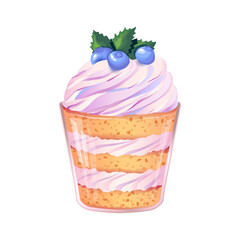 Delicious dessert in glasscup with layers of sponge cake, fresh bilberries, whipped cream and mint leaves isolated on white background. Sweet vector illustration for confectionery shop or cafe.
