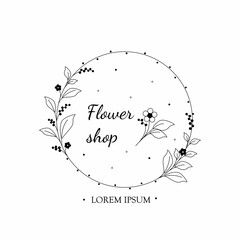 Obraz premium Hand logo in a minimal linear style.Elegant floral frame with flower on white background. Vector emblem perfect for logotype design or labels of nail masters,beauty salon,cosmetics,flower shop.