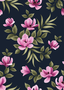 Seamless pattern of Magnolia flower with leaf background template. Vector set of floral element for tropical print, wedding invitations, greeting card, brochure, banners and fashion design.