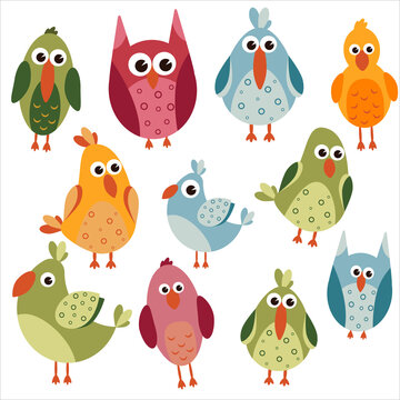 set of cute cartoon colored birds in hand drawn style vector illustration. lovely baby pictures for decor