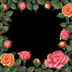 festive roses. Watercolor and colored pencil illustration