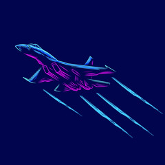 Fototapeta na wymiar Jet plane pop art logo. Aircraft colorful design with dark background. Abstract vector illustration