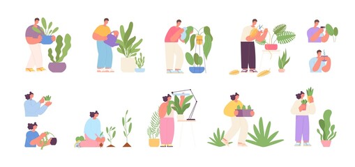 People planting hobby. Watering garden, woman gardening. Agriculture, plant in pot growth. Home garden, person care about flowers utter vector set