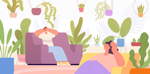 Home garden. Apartment interior with plants, woman relaxing. Modern room natural decorations, cozy apartment. Urban jungle utter vector scene