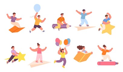 Children flying. Child fly, flight on book, pencil, star and paper plane. Cartoon ready to study kids, happy creative mind. Freedom utter vector characters