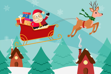 Christmas Santa and deer in flat style. Vector illustration.